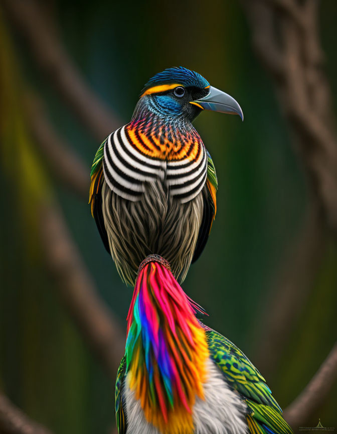 Colorful Bird with Intricate Patterns and Rainbow Tail