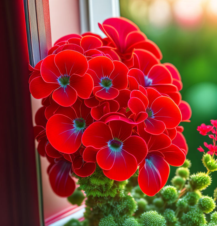 Bright red petunias in window box under soft sunlight with green foliage.