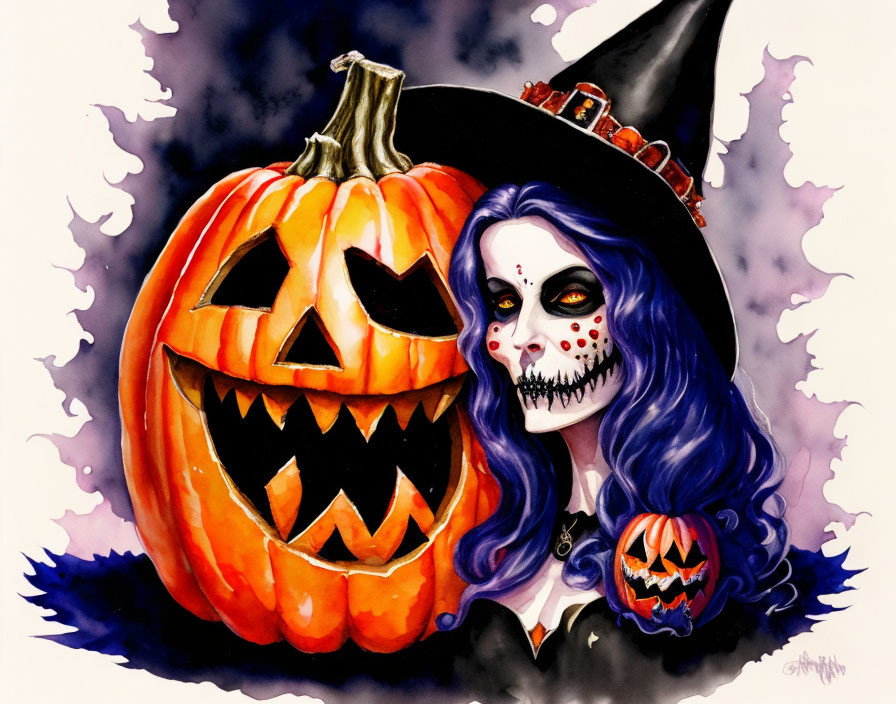 Person with skull makeup and pumpkin next to large jack-o'-lantern in witch hats