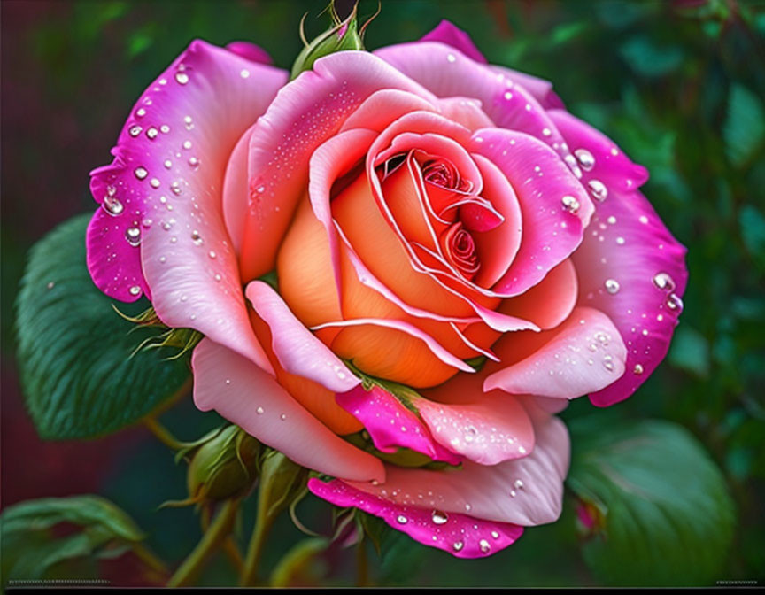 Vibrant pink and orange rose with water droplets on petals against green background