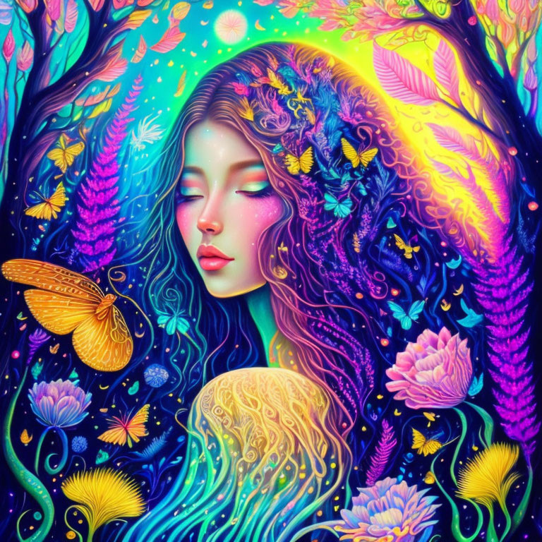 Colorful woman with floral hair, butterflies, and glowing plants in fantasy setting