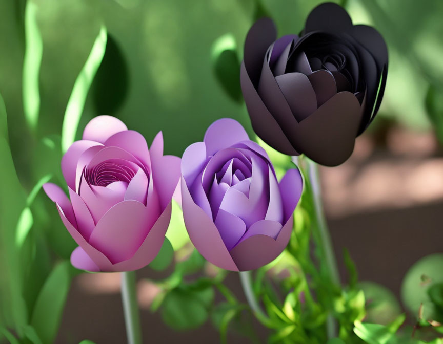 Stylized roses with layered petals in pink, purple, and black on blurred green backdrop