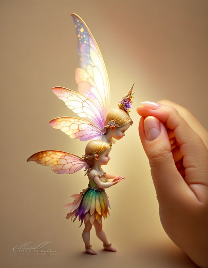 Translucent-winged fairy interacts with human fingertip in magical scene