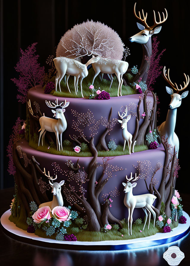 Woodland-themed tiered cake with deer, trees, and flower icing on dark backdrop