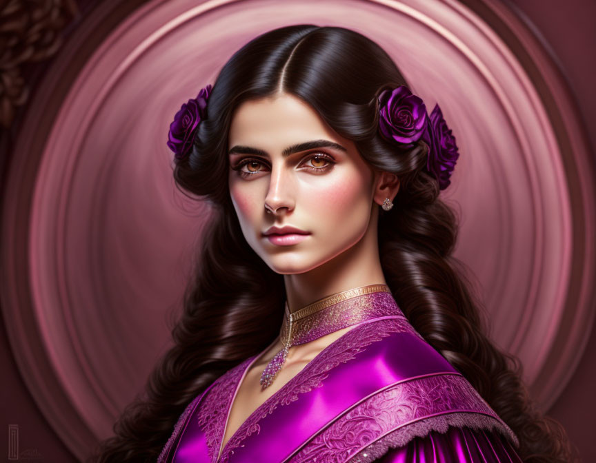 Digital portrait of woman with dark hair, roses, purple dress, gold accents, green eyes