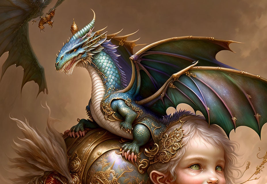 Blue dragon perched on helmet held by fair-haired child in fantasy scene