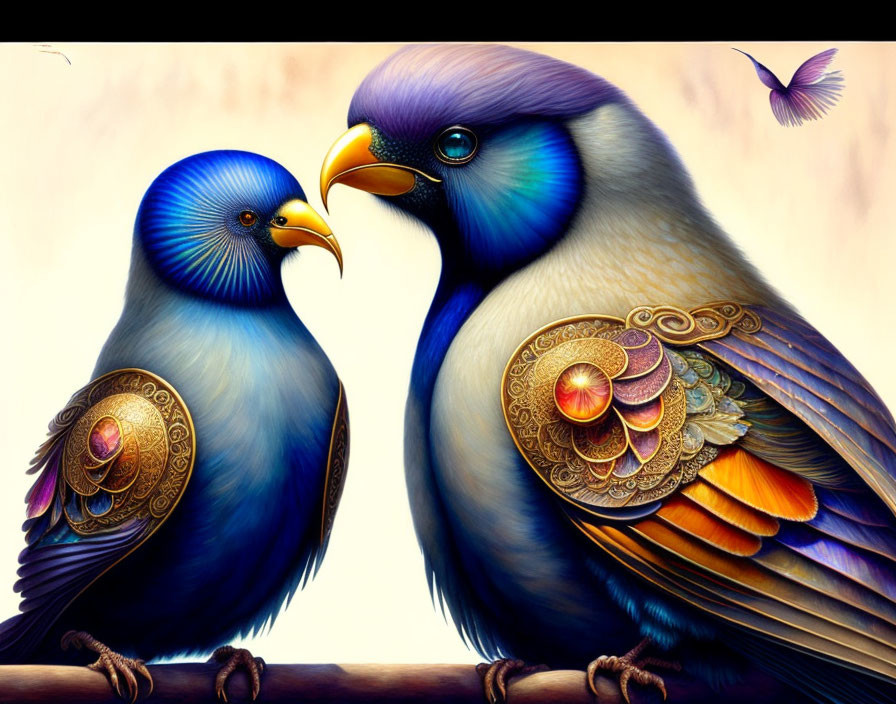 Colorful Stylized Birds with Elaborate Feather Patterns Facing Each Other