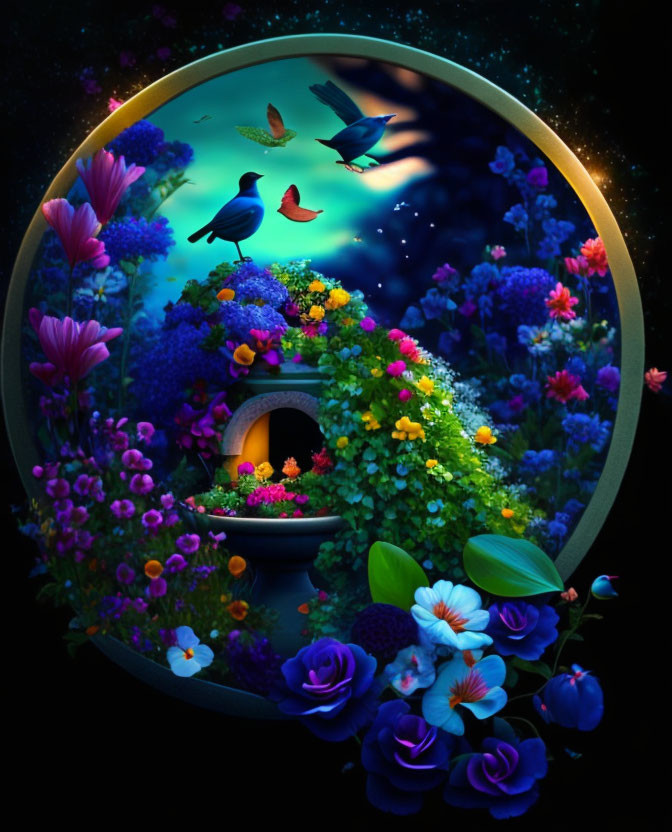 Circular floral illustration with whimsical tunnel, colorful flowers, birds, and starry night.