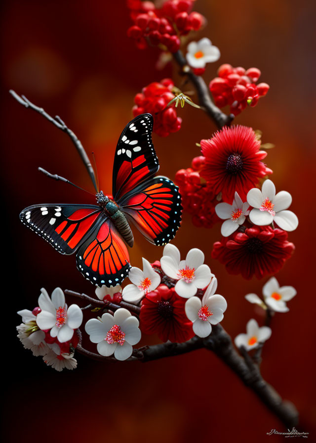 Colorful Butterfly on Branch with Flowers in Red Background