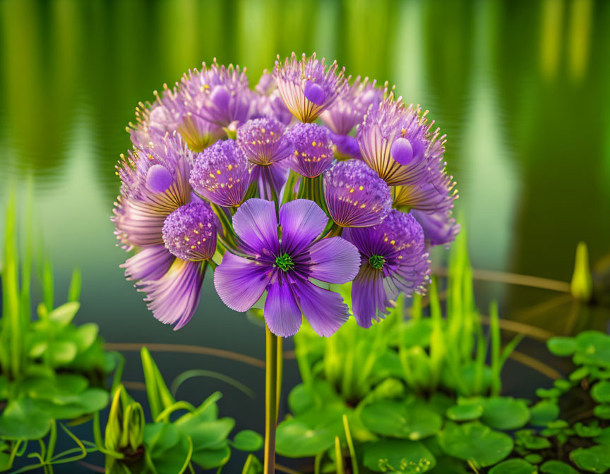 Vibrant purple water lilies with yellow stamens blooming on tranquil water surface