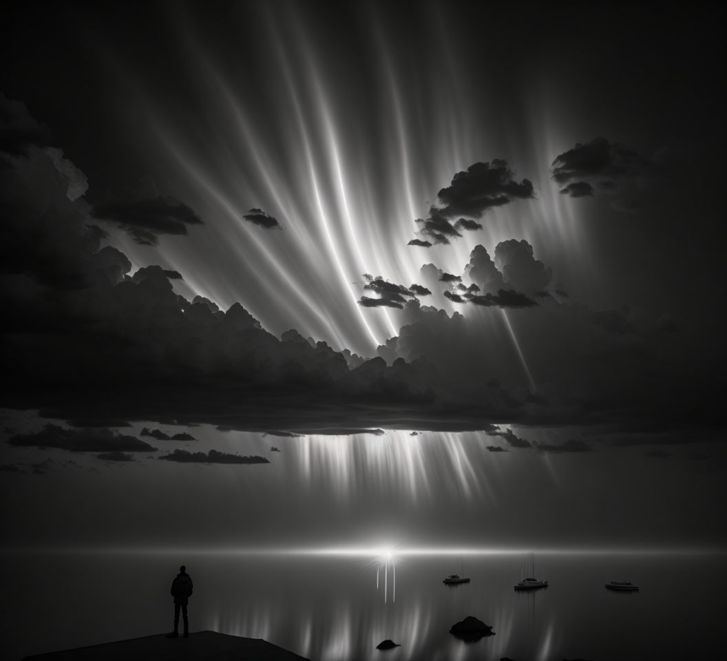 Night scene: person on shore watching crepuscular rays over calm sea with boats