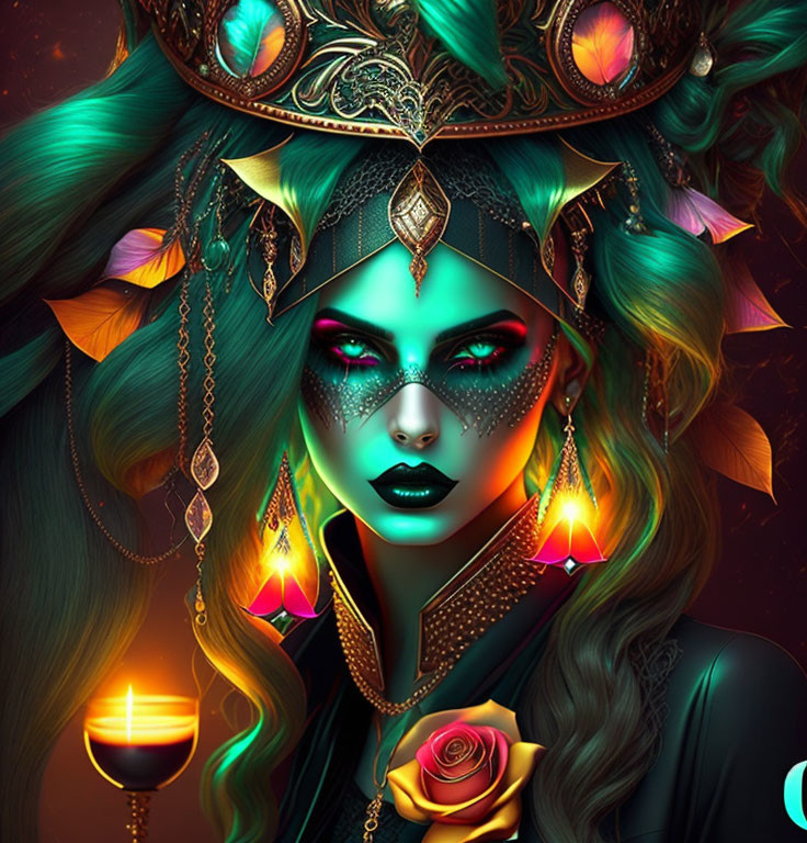 Fantasy digital art of green-skinned woman with golden headdress and chalice.