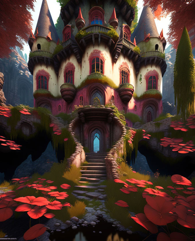 Mystical forest castle with towers and stone staircase