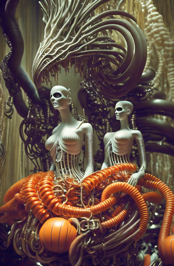 Abstract surreal artwork featuring humanoid figures in complex environment