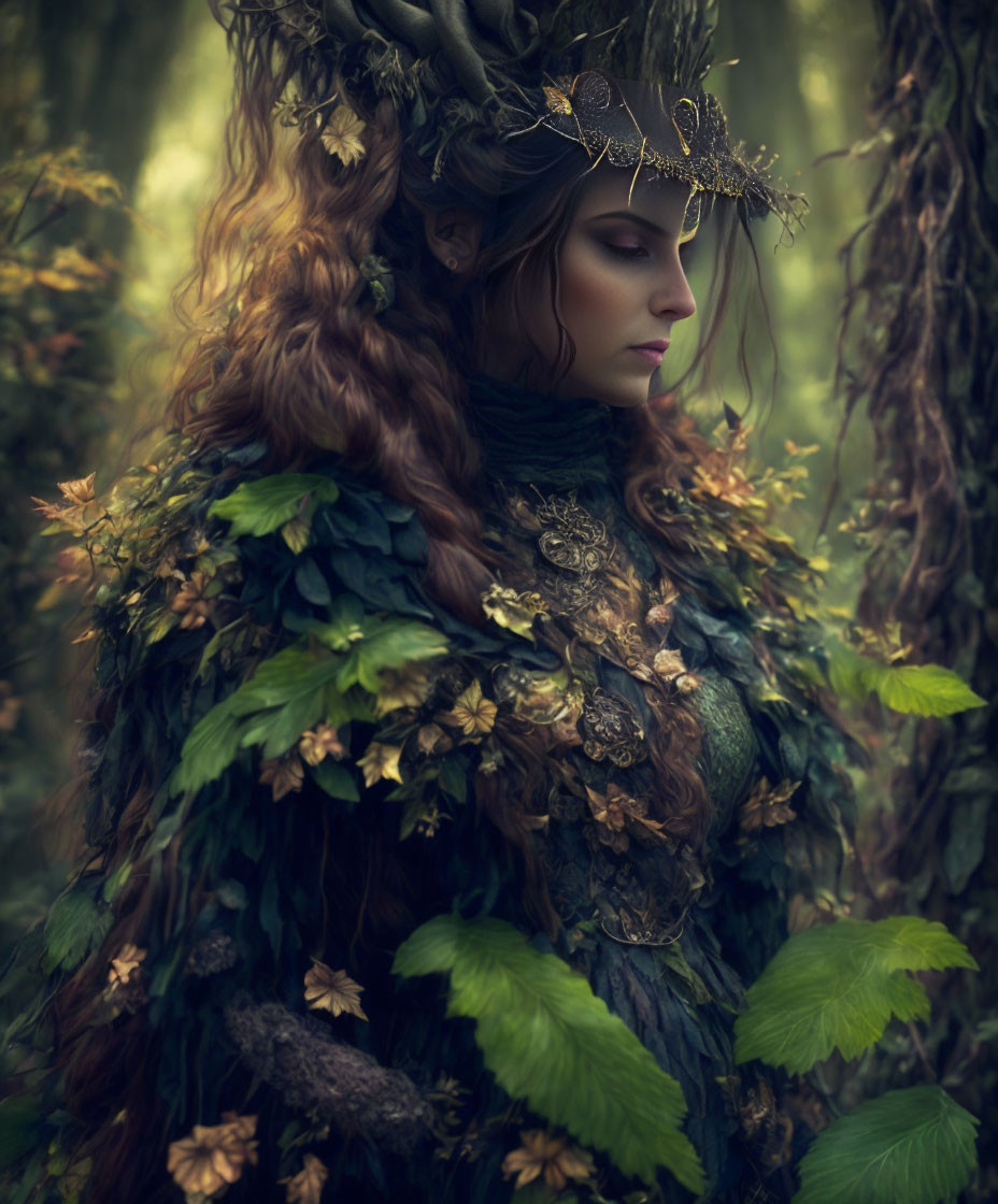 Person in Forest-Themed Costume Blending into Woodland Backdrop