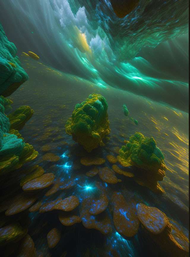 Glowing corals and rocks in serene underwater scene