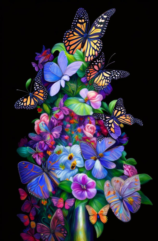 Colorful butterflies on assorted flowers against black background