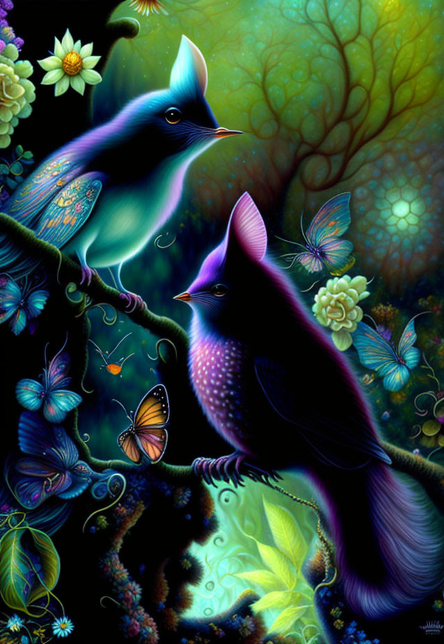 Colorful digital artwork: Two stylized birds with iridescent plumage on branch, surrounded by