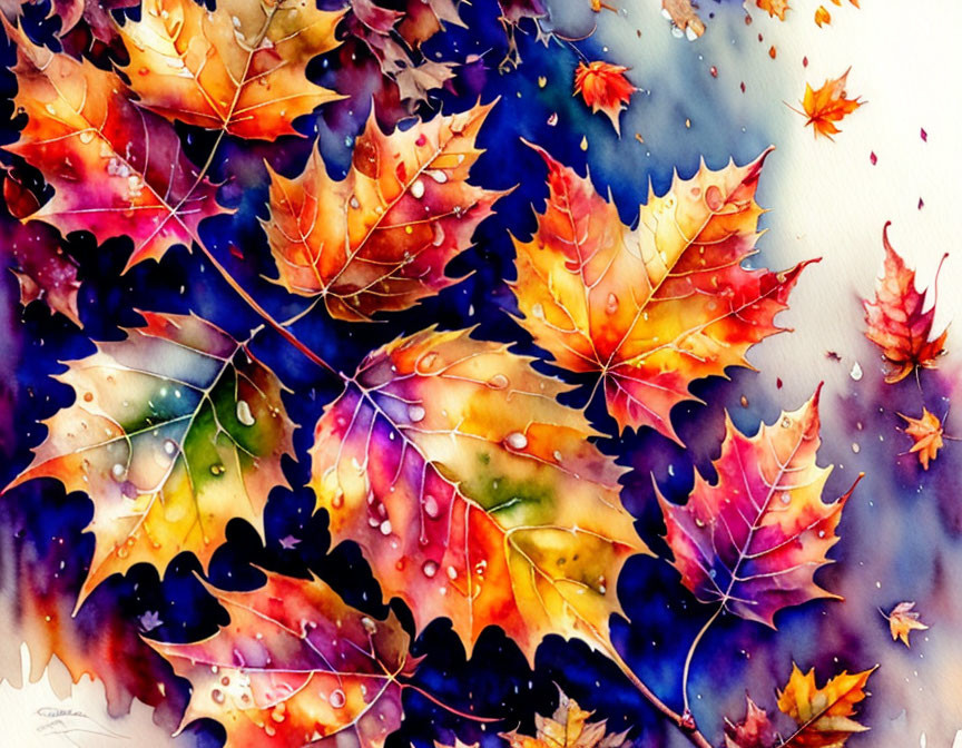 Vibrant autumn leaves with water droplets on purple backdrop