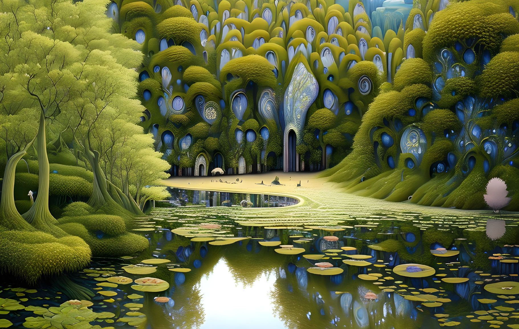 Fantasy landscape with green forest, spiraling trees, and tranquil pond