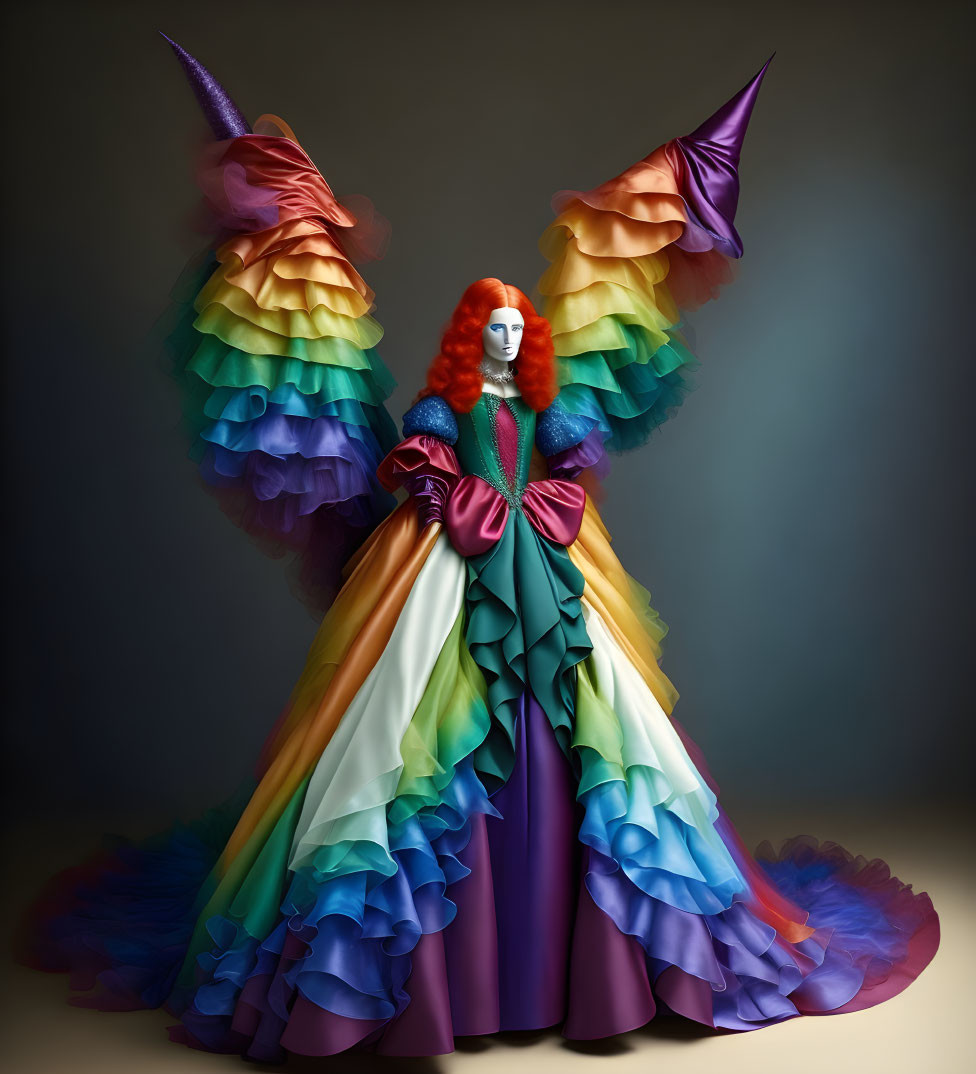 Colorful costume with rainbow wings and horned headdress on a person.