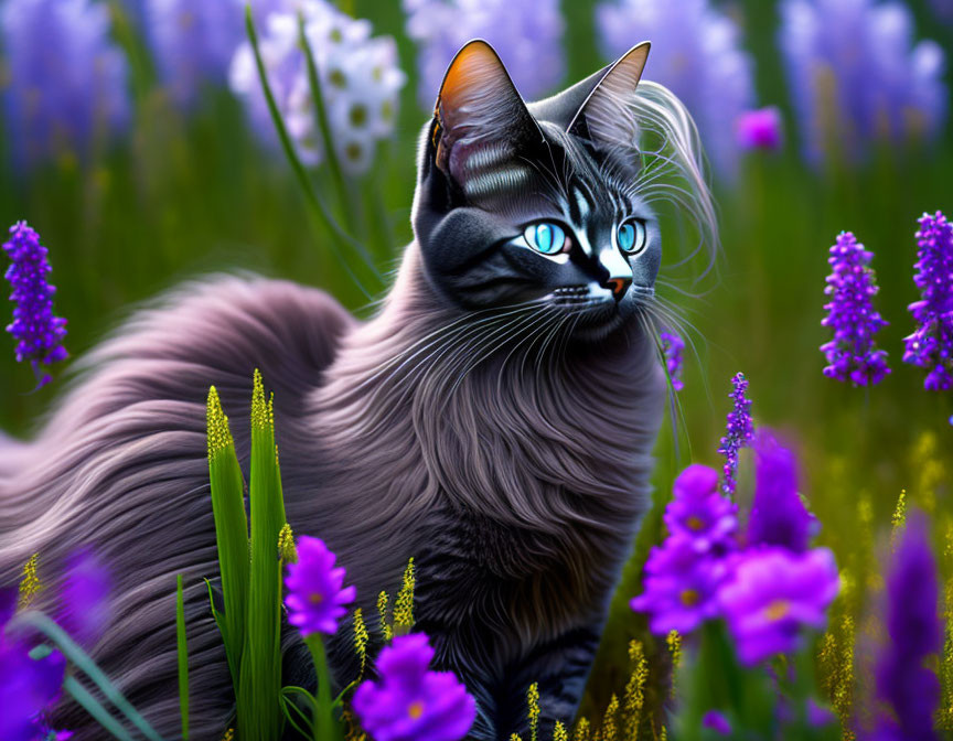 Blue-eyed cat in purple flower field gazes afar