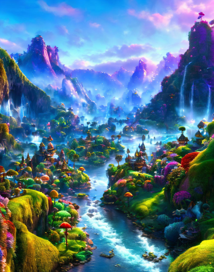 Colorful Fantasy Landscape with Waterfalls and River