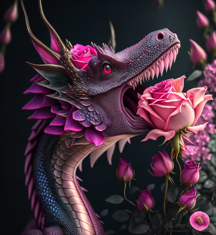 Purple dragon with rose-like embellishments in pink rose backdrop