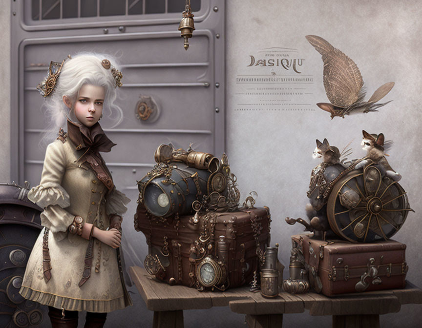 Digital artwork: Young girl, white hair, steampunk mouse, bird, vintage gadgets, parchment