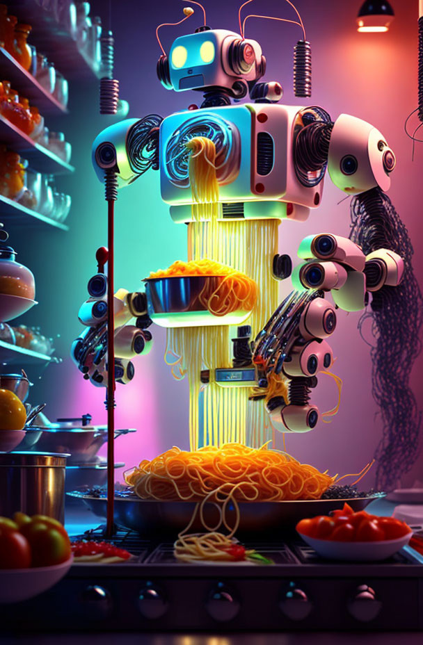 Whimsical robot cooking spaghetti in vibrant kitchen