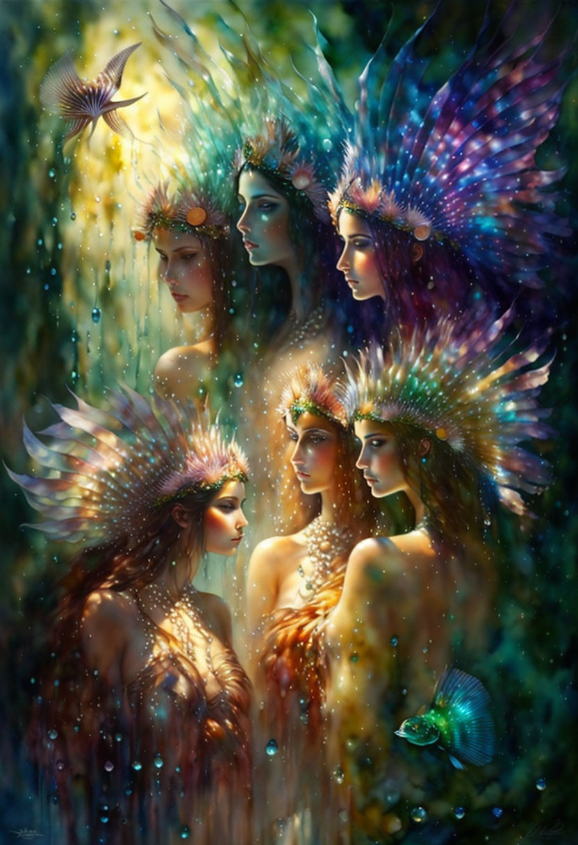 Ethereal women with iridescent wings in mystical forest with luminescent fish