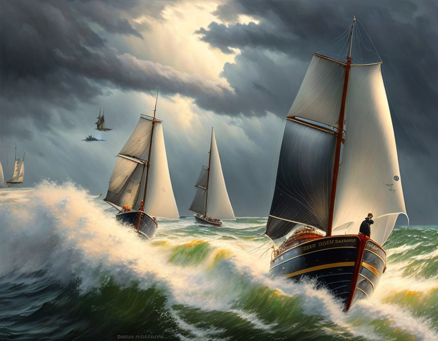 Sailboats in stormy seas under dramatic skies with sunlight.