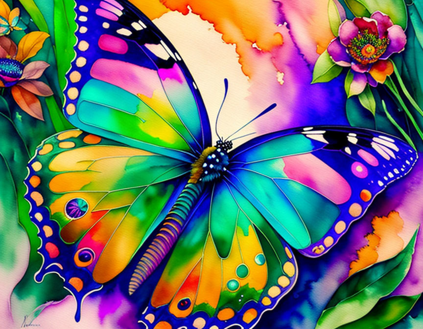 Colorful Butterfly Painting on Rainbow Background with Floral Details