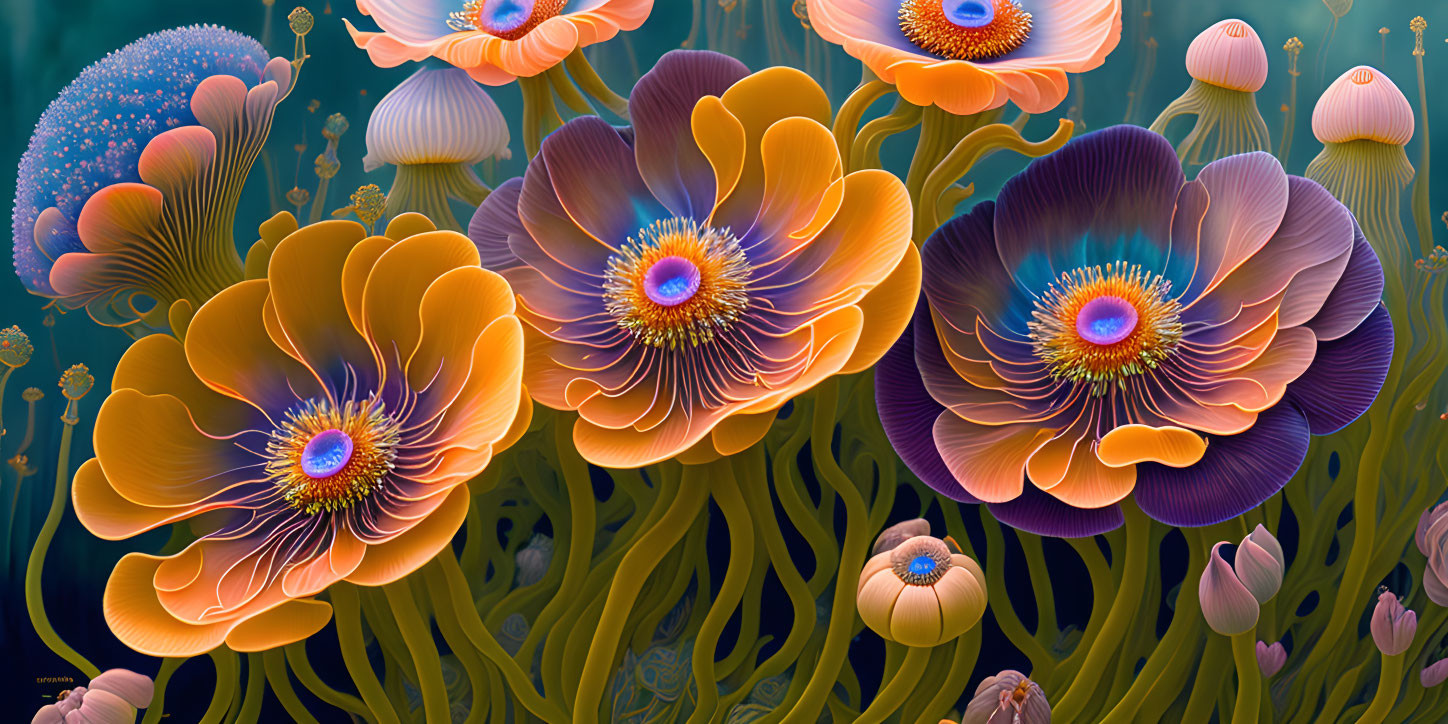 Colorful digital art: Orange and purple stylized flowers with intricate patterns in a luminous underwater setting