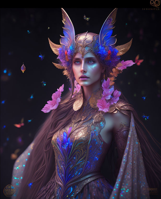 Fantasy portrait of a woman with elfin features and floral crown