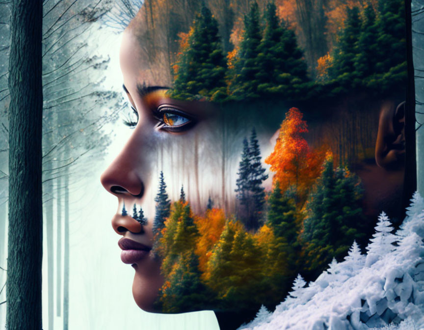 Digital artwork: Woman's profile merges with snowy winter to autumn forest landscape