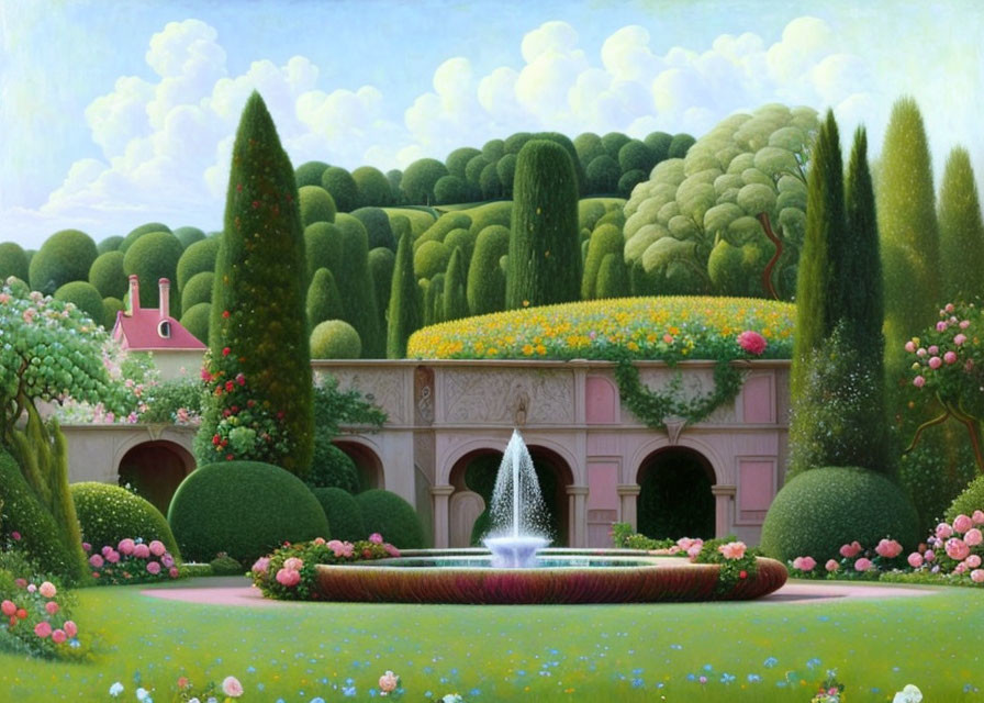 Manicured hedge garden with fountain and colorful flowers