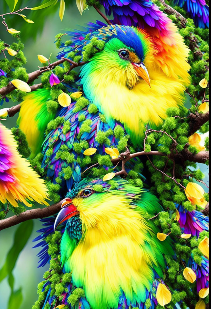 Colorful Fantasy Birds Perched on Green Branch