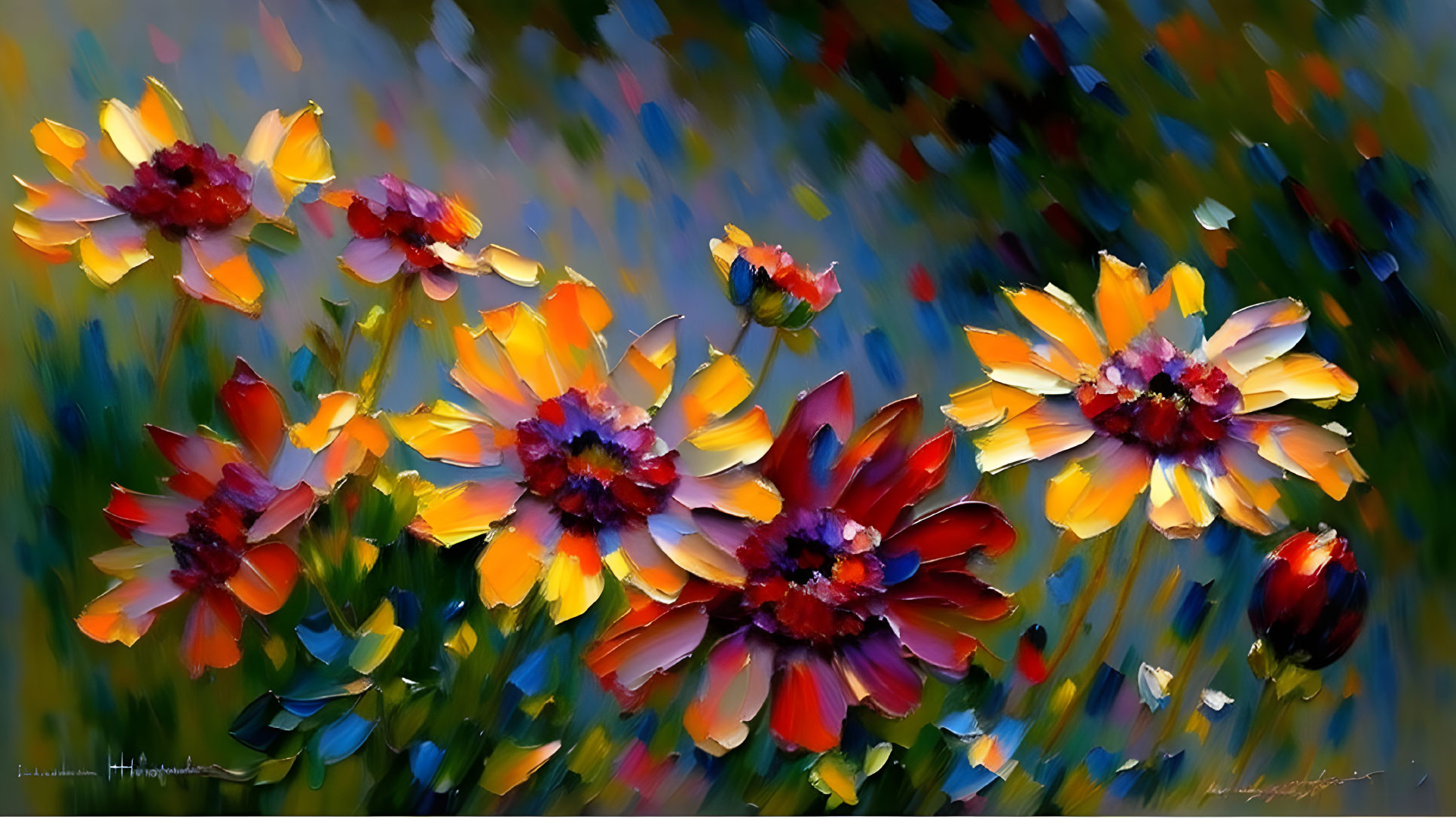 Colorful Impressionistic Floral Painting in Reds, Oranges, and Yellows