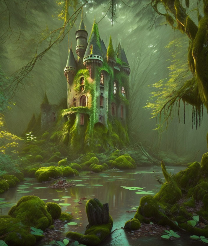 Moss-Covered Castle in Mystical Forest with Serene Water