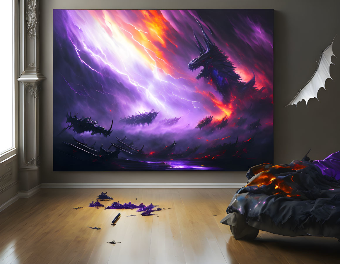 Fantasy-themed painting with dragon in stormy sky and bat-winged chair.