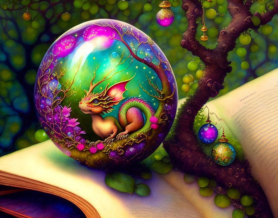 Mythical dragon on ornate orb in luminous forest setting