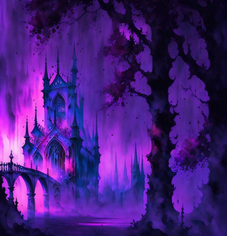 Mystical purple and pink fantasy castle in foggy atmosphere