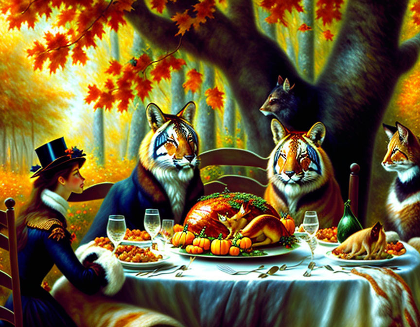 Anthropomorphic foxes and human in vintage attire at autumn feast under fall tree