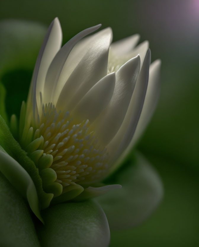 White water lily blooming with delicate petals and yellow stamen in close-up view