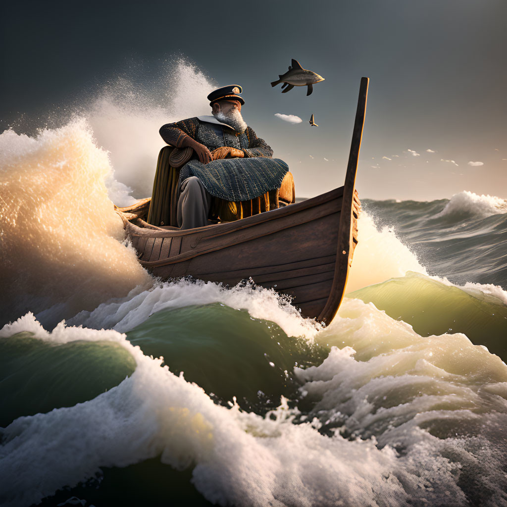 Bearded sailor in uniform navigating choppy seas in wooden boat