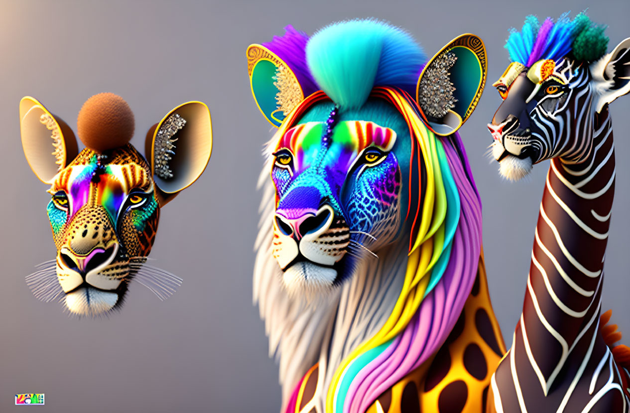 Colorful stylized animals - cheetah, lion, zebra - intricate patterns on grey background