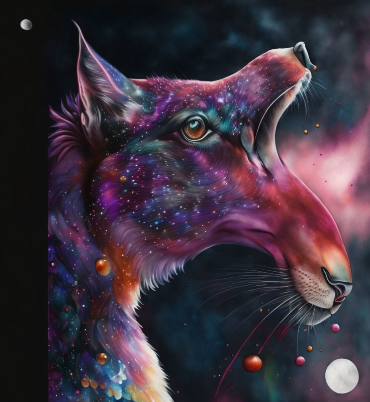 Colorful Cosmic Wolf Illustration with Stardust-Fur and Celestial Orbs