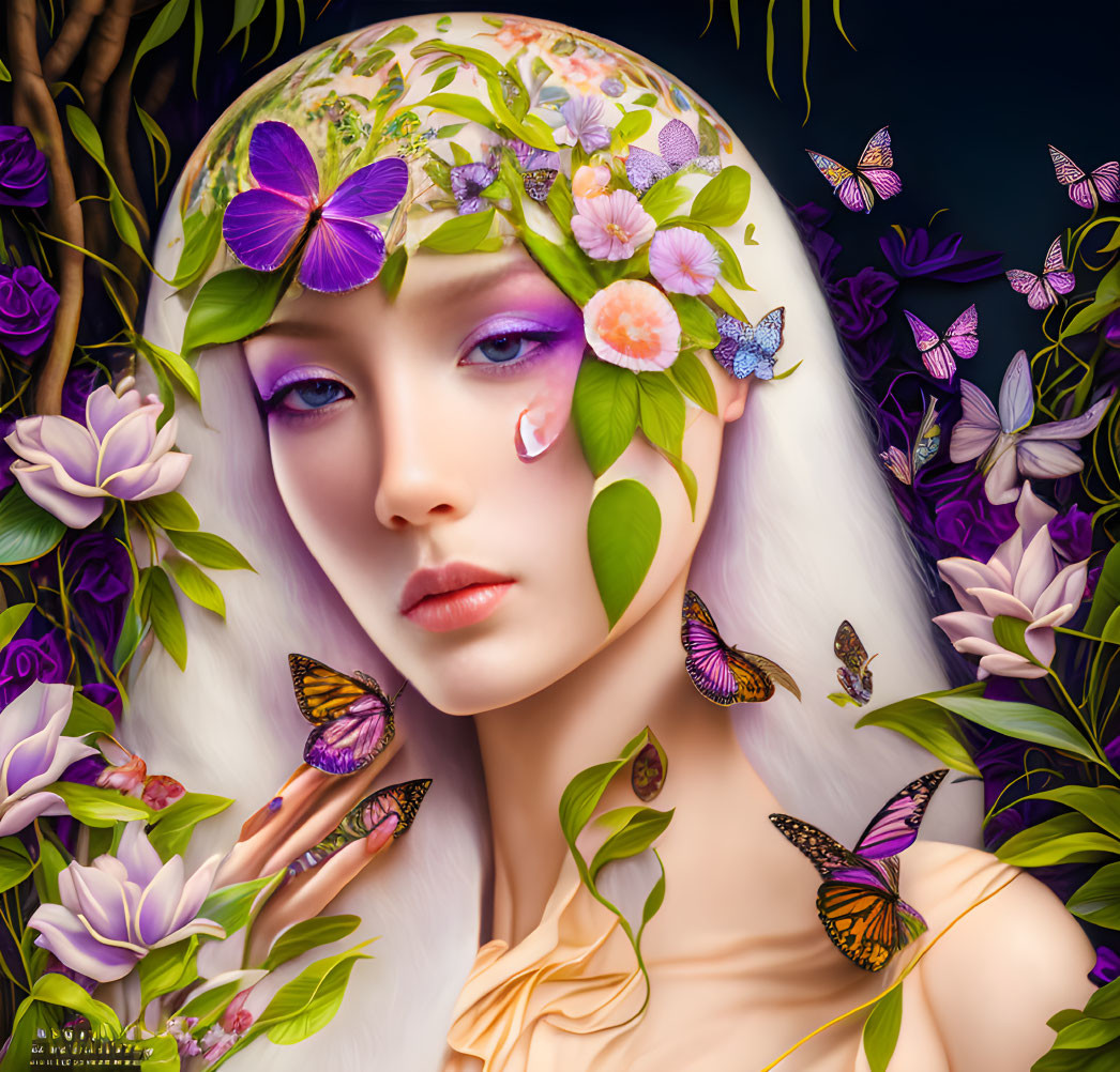 Digital portrait of woman with white hair, flowers, butterflies, tear on cheek