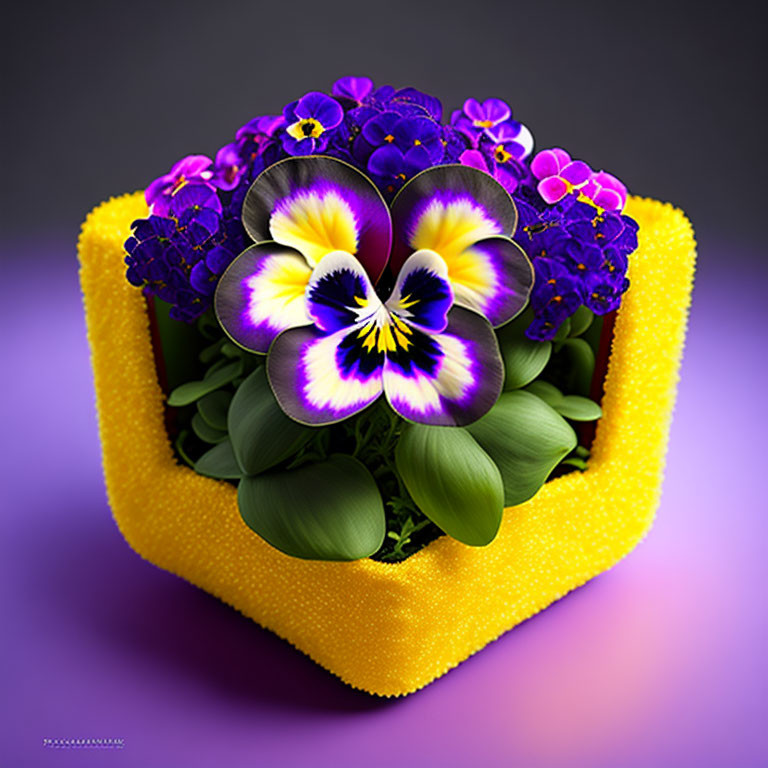 Colorful Purple and Yellow Pansies in Unique Yellow Pot on Soft Purple Background